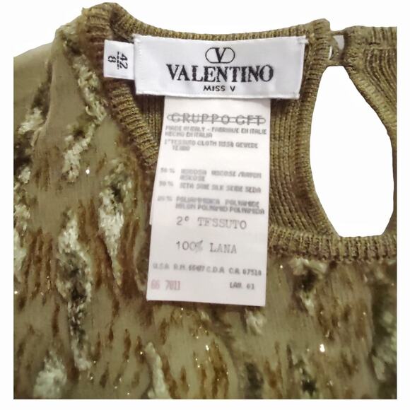 VALENTINO Mustard Green Sweater Long Sleeve Velvet Burnout Mesh Designer Top - Picture 12 of 12